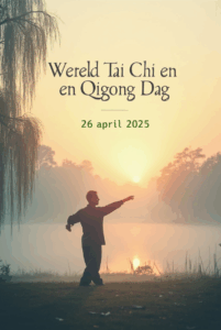 Persoon beoefent Tai Chi bij zonsopgang in een mistig park – symbool voor innerlijke rust en balans.