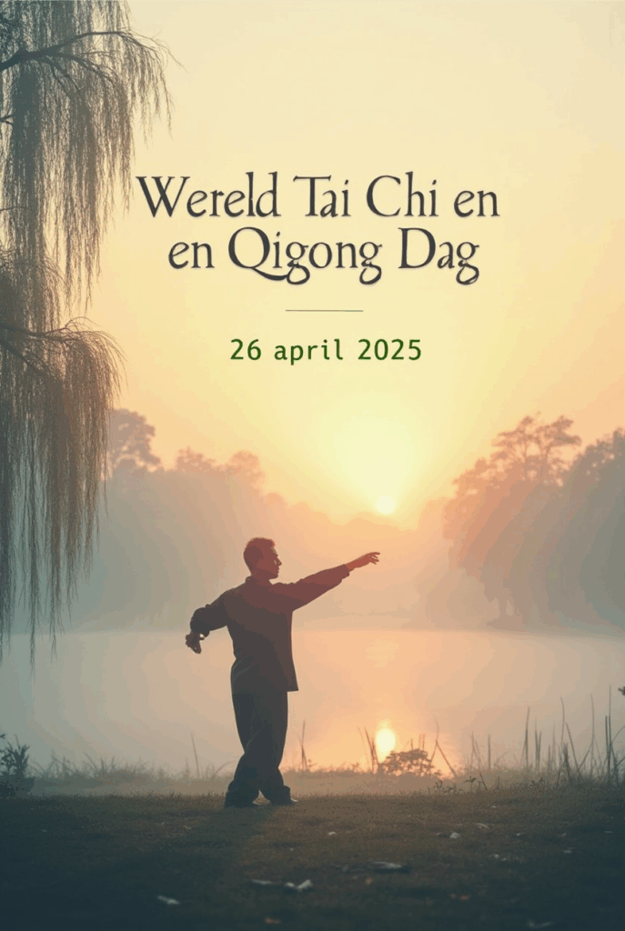 Persoon beoefent Tai Chi bij zonsopgang in een mistig park – symbool voor innerlijke rust en balans.