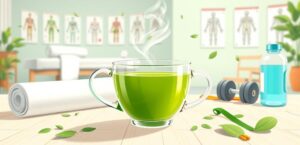 Glazen kop matcha-thee op een lichte houten tafel, omringd door een opgerolde yogamat, een dumbbell en een waterfles, met op de achtergrond een behandelbank en anatomische posters in een fysiotherapiepraktijk.