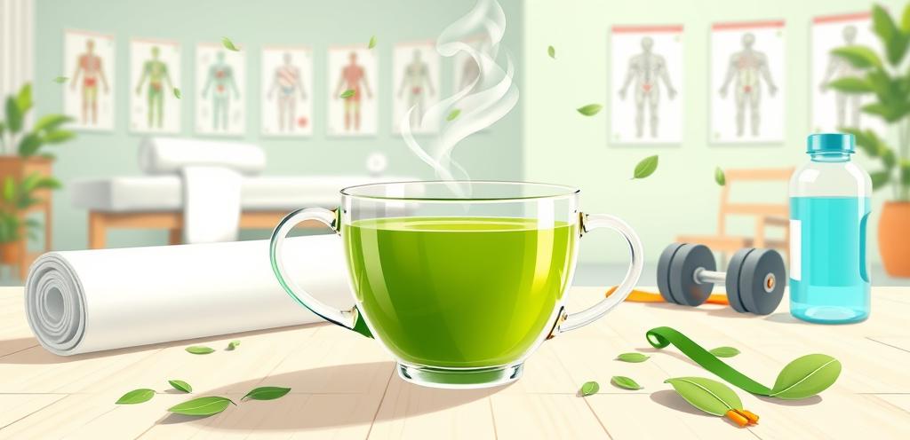 Glazen kop matcha-thee op een lichte houten tafel, omringd door een opgerolde yogamat, een dumbbell en een waterfles, met op de achtergrond een behandelbank en anatomische posters in een fysiotherapiepraktijk.