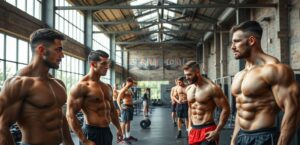 Fotorealistisch beeld van Nederlandse bodybuilders die samen hard trainen in een sportschool met uitzicht op een typisch Nederlands kanaal.