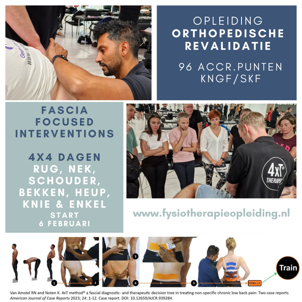 Promotieposter voor de opleiding Orthopedische Revalidatie (4xT Methode) met afbeeldingen van therapeuten in opleiding, myofasciale technieken en rugrevalidatie.