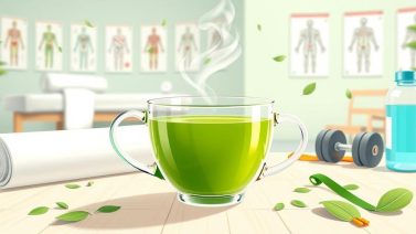 Glazen kop matcha-thee op een lichte houten tafel, omringd door een opgerolde yogamat, een dumbbell en een waterfles, met op de achtergrond een behandelbank en anatomische posters in een fysiotherapiepraktijk.