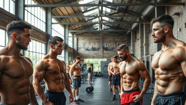 Fotorealistisch beeld van Nederlandse bodybuilders die samen hard trainen in een sportschool met uitzicht op een typisch Nederlands kanaal.